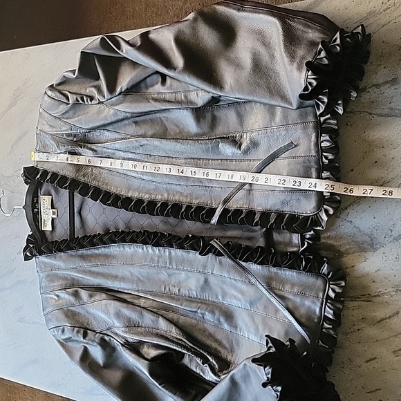 ST. JOHN COLLECTION BY MARIE GRAY Leather Jacket with Satin Ruffled Edges Sz 14 - Picture 14 of 16